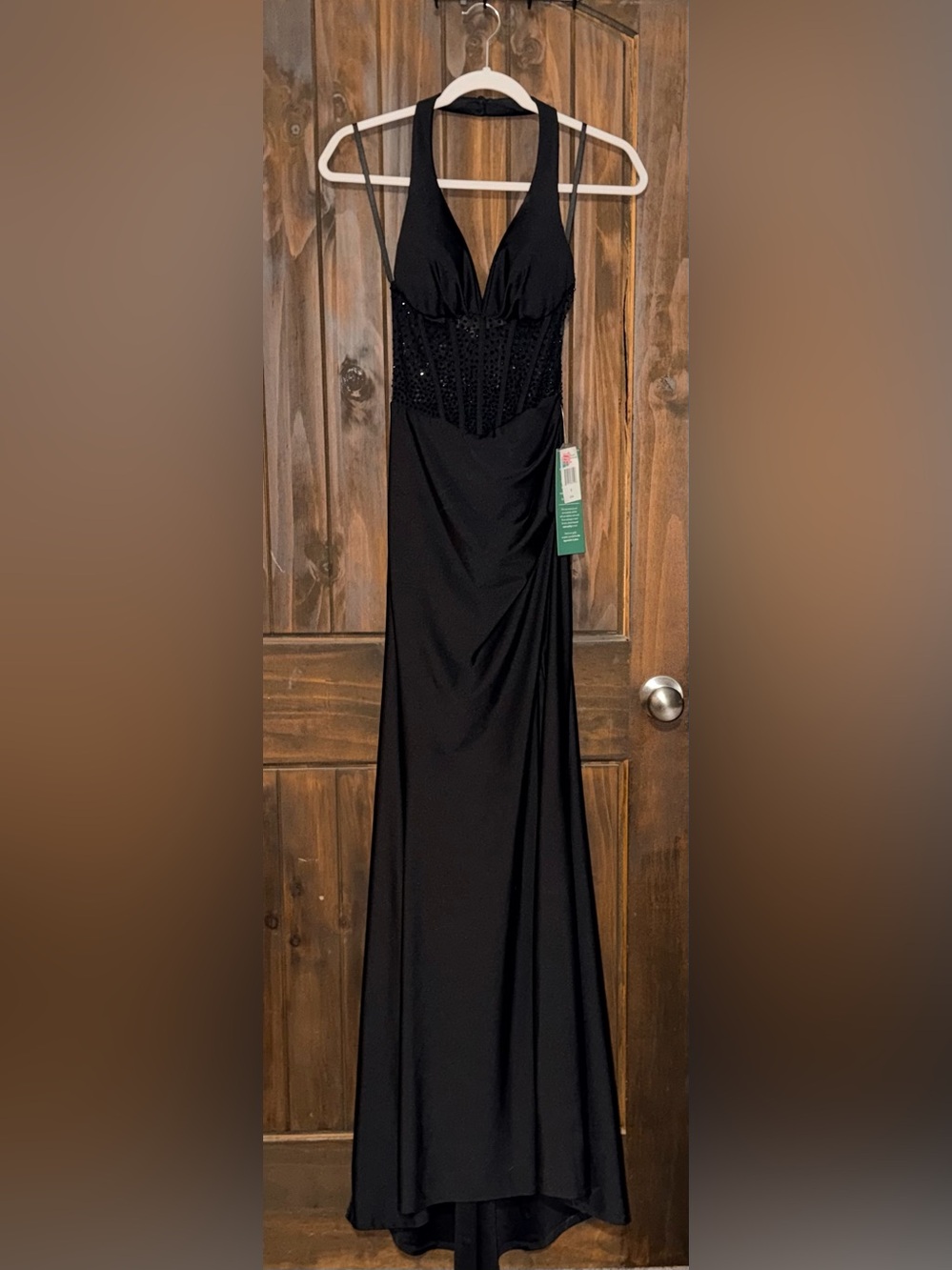 Black Halter Evening Gown with Embellished Waist